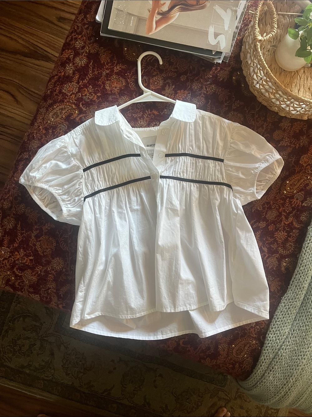 Maeve White Short-Sleeve Smocked Top with Black Trim